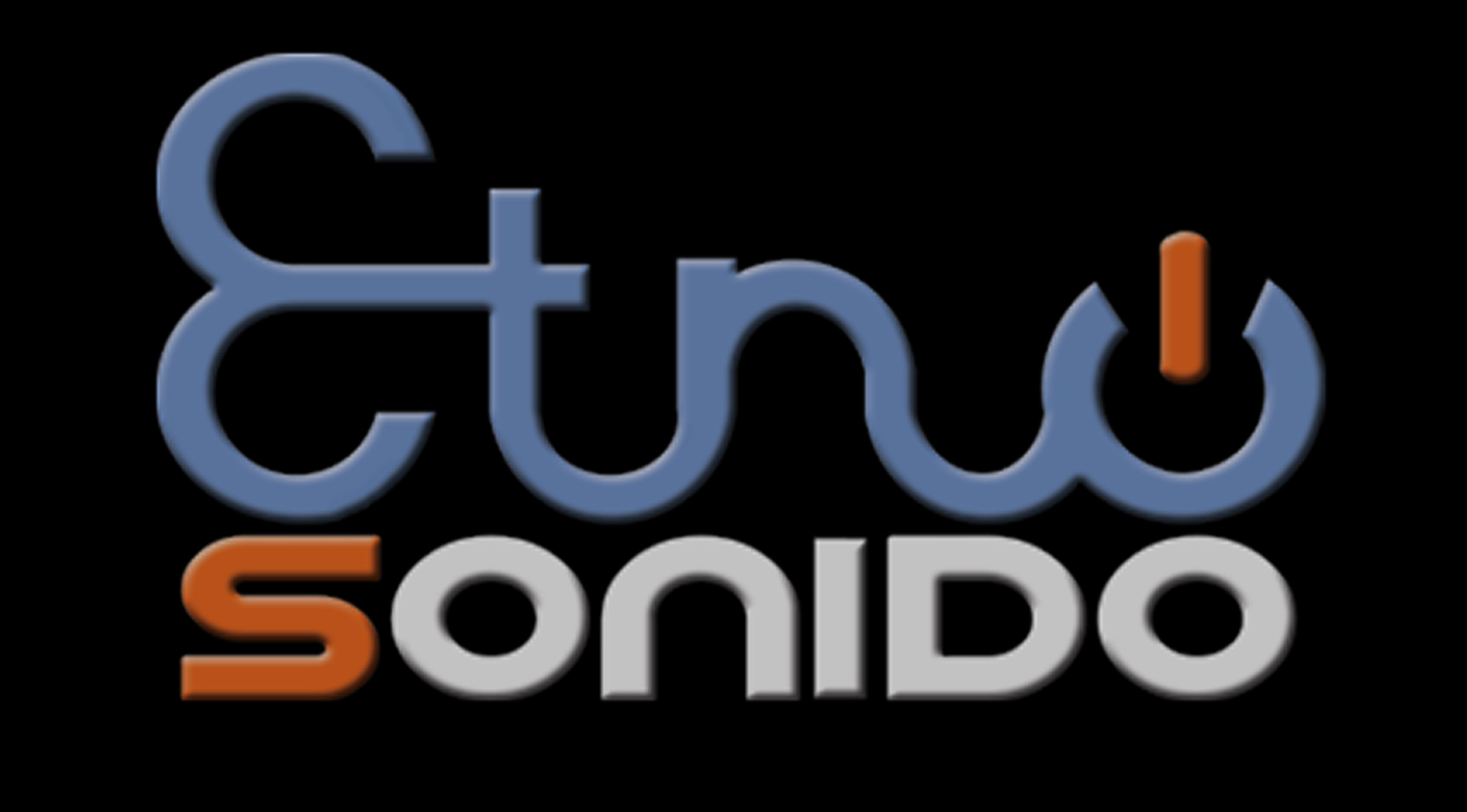 Logotipo de Etno Sonido con fondo negro. La palabra Etno aparece en azul turquesa y Sonido en blanco con la S resaltada en naranja.
