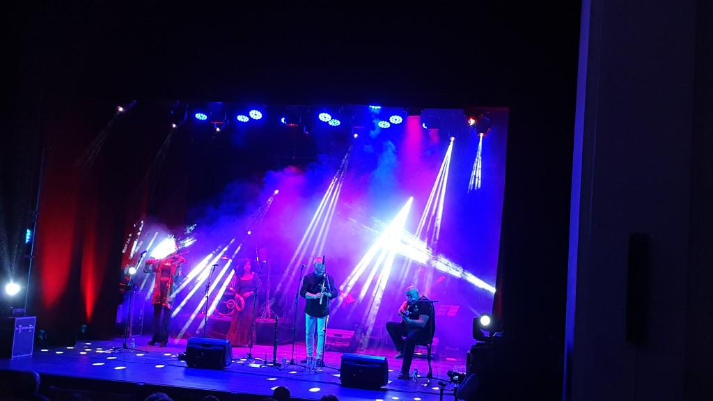 Ejemplo de iluminación con Mark durante un concierto en el Aulaga Folk. Los focos son de color azul y fucsia. En el escenario aparecen cuatro músicos, dos mujeres a la izquierda y dos hombres a la derecha. El último de ellos sentado. De izquierda a derecha cada uno de ellos tocan el violín, pandereta, gaita y guitarra.